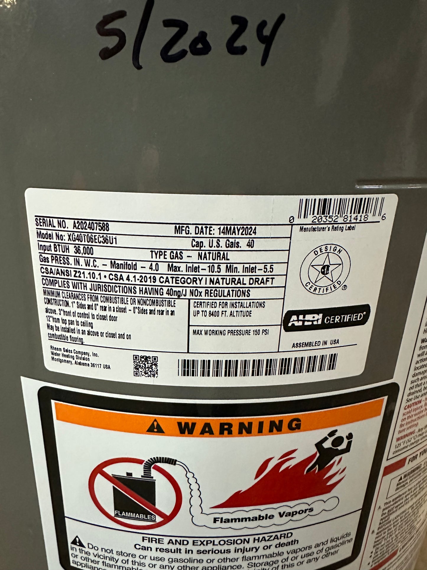 Rheem 40 Gal. Tall Gas Water Heater