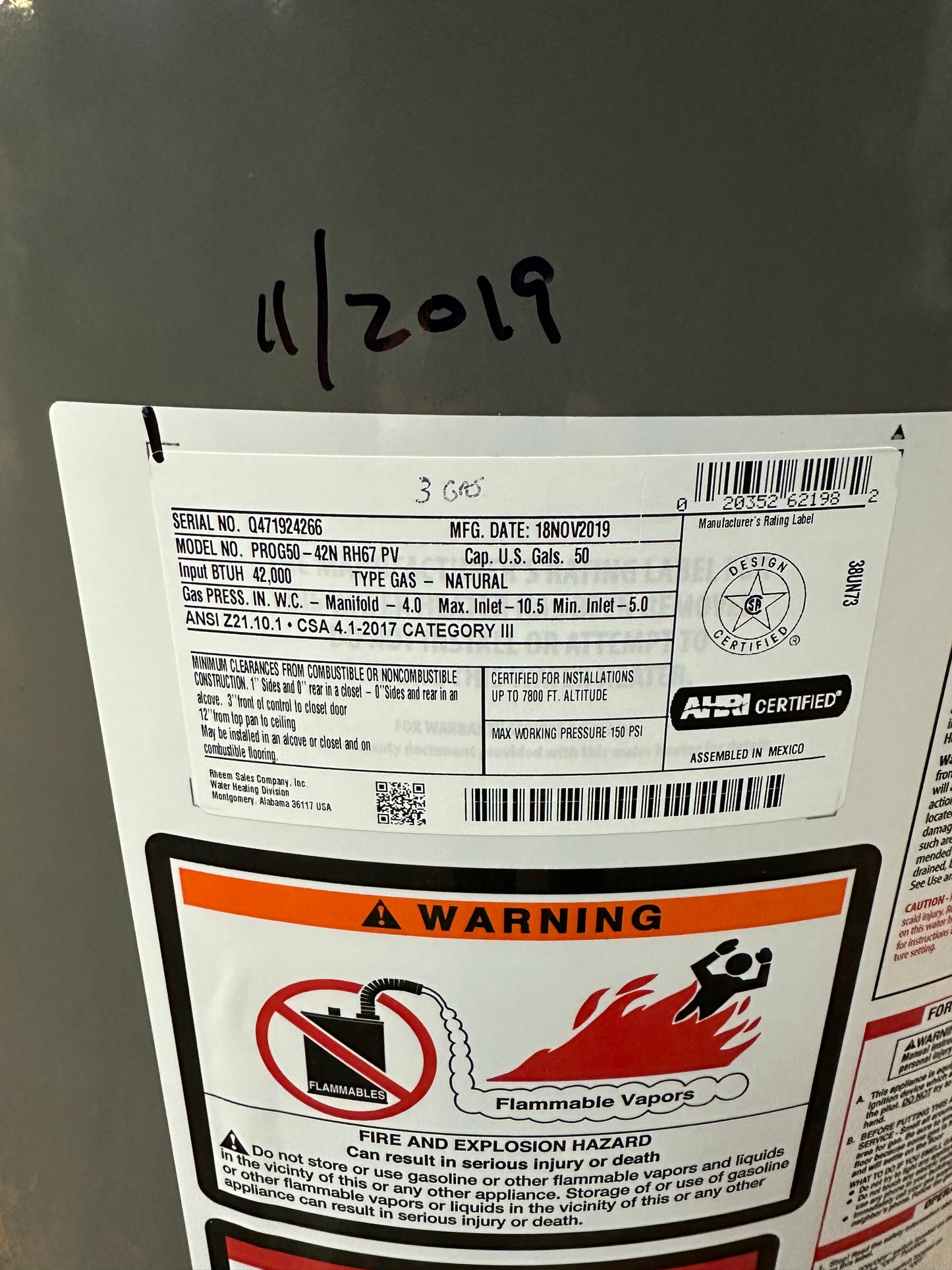 Rheem 50 Gal Natural Gas Water Heater