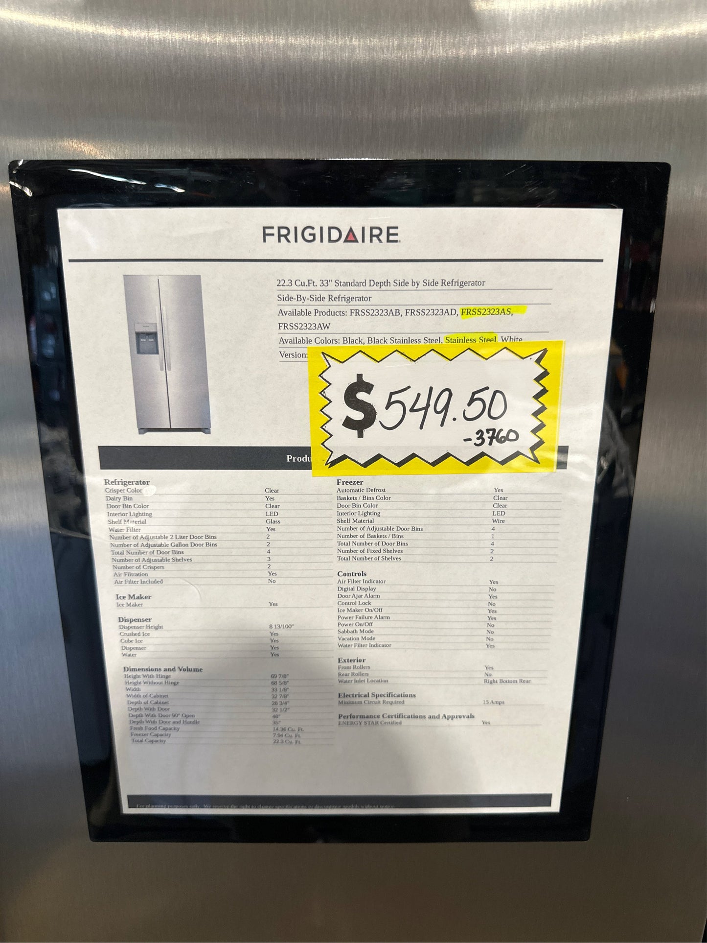 33 in. 22.3 cu. ft. Side by Side Fridge, Steel