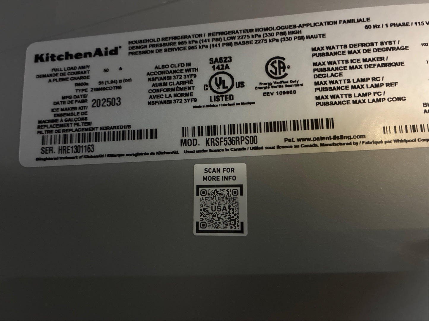 KitchenAid 36 in. Side-by-Side Refrigerator, Stainless