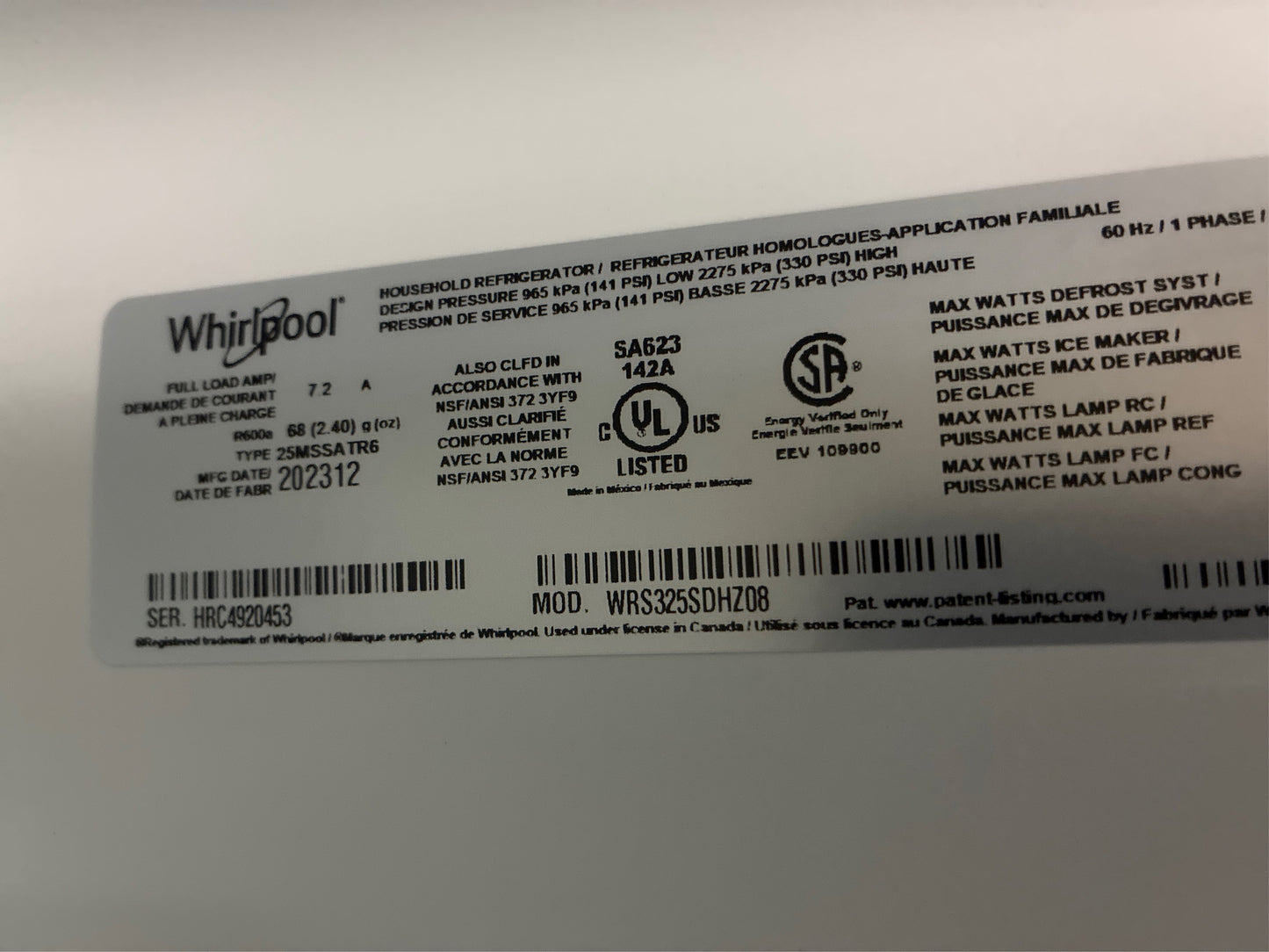 Whirlpool 24.5-cu ft Side-by-Side Fridge