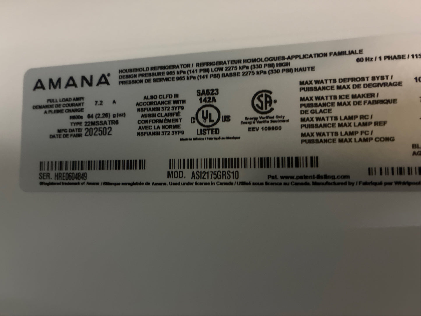 Amana 21.4 cu ft Side Refrigerator Stainless Steel