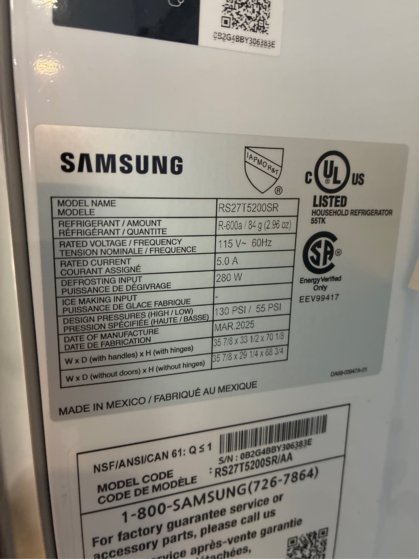 Samsung 36" 27.4 cu ft Side by Side Refrigerator