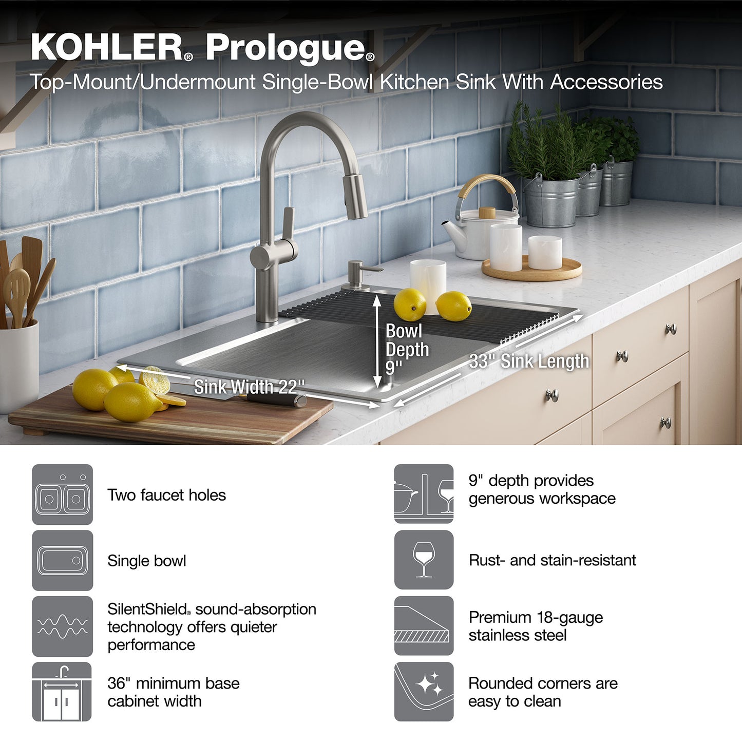KOHLER Prologue 33"x22" Workstation Sink