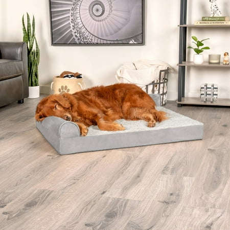FurHaven Jumbo Faux Fur L-Chaise Dog Bed, Gray