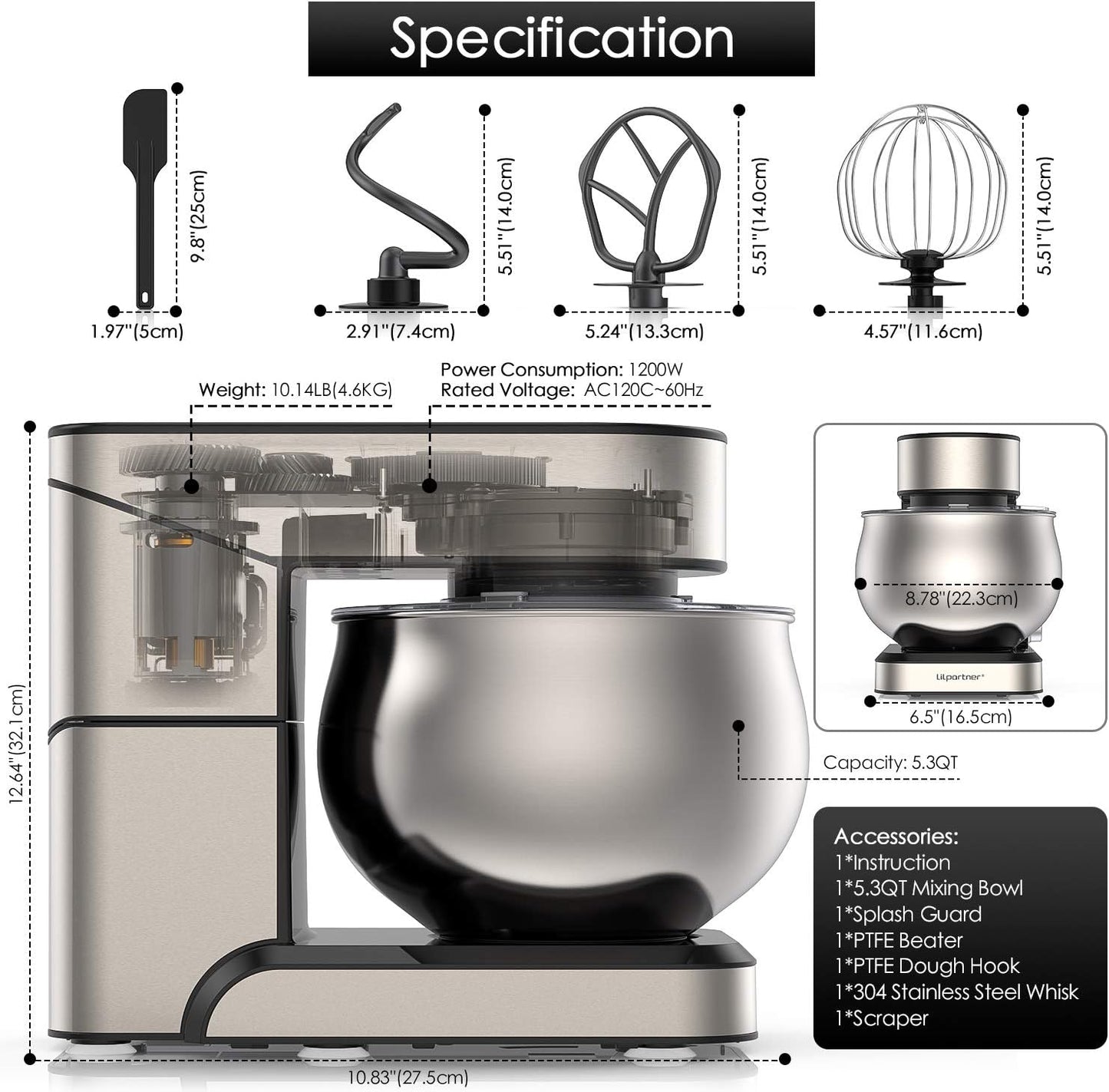 Stand Mixer, Stainless Steel Mixer 5.3-QT LCD