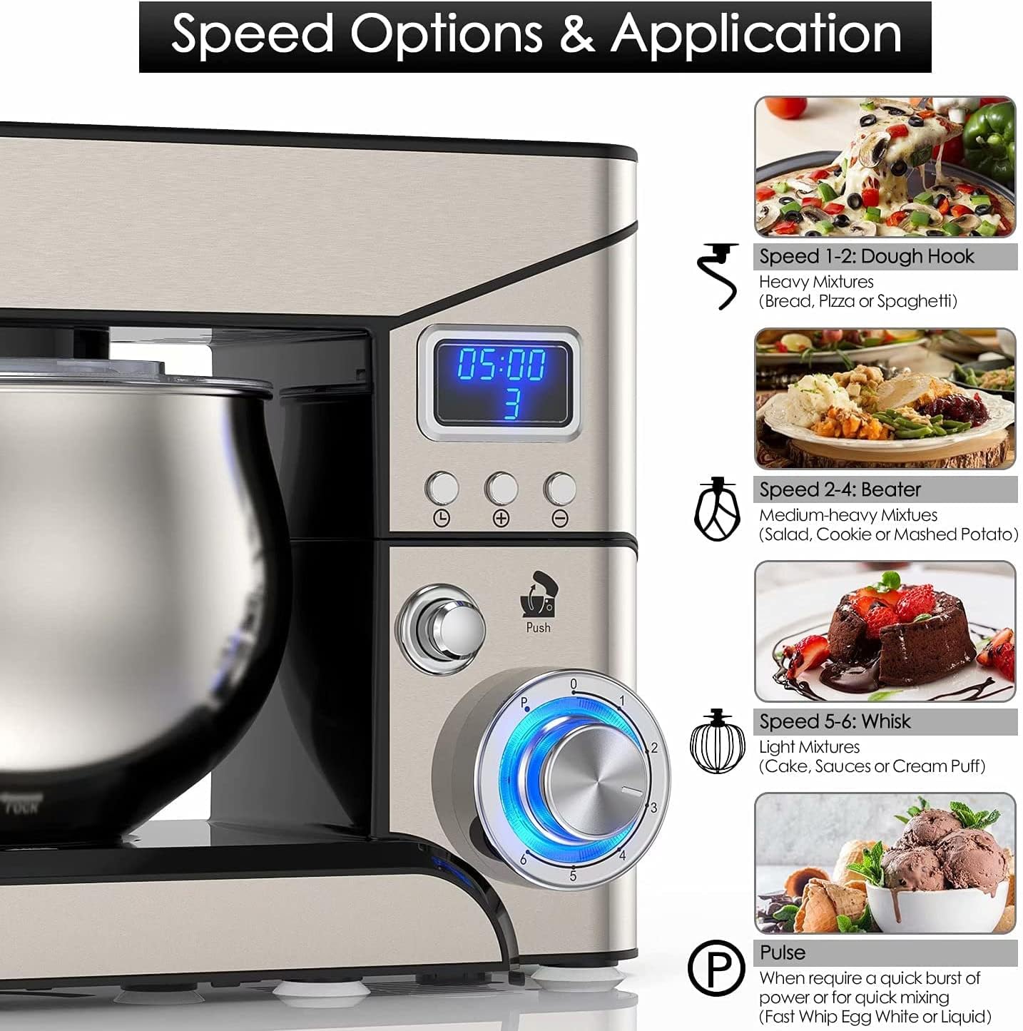 Stand Mixer, Stainless Steel Mixer 5.3-QT LCD