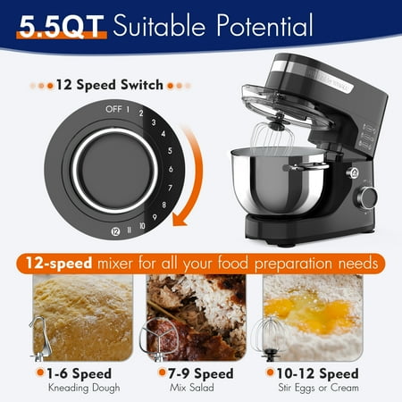 WHALL Stand Mixer - 5.5Qt, 12-Speed, Black
