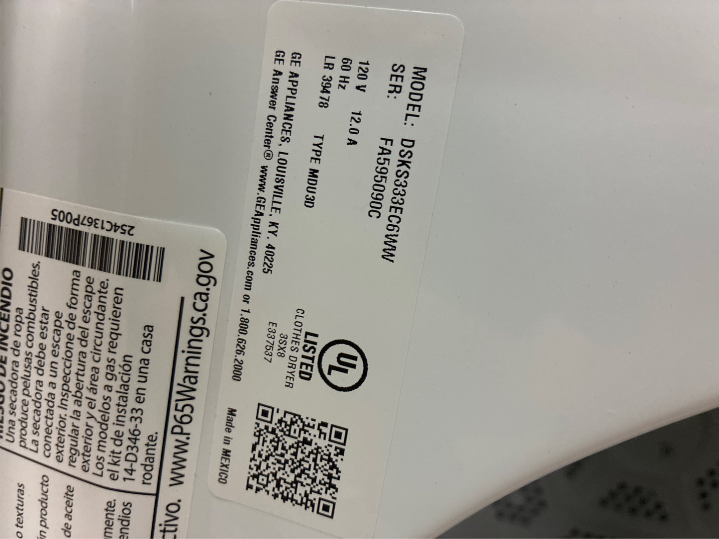 GE 3.6-cu ft Stack Vented Electric Dryer