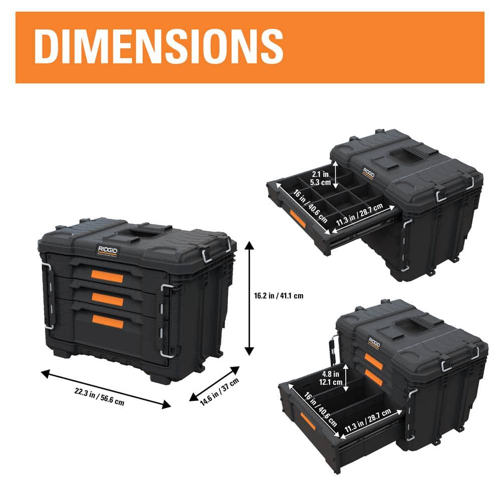 RIDGID Black Resin XL 3 Drawer Tool Box 14.6 in.