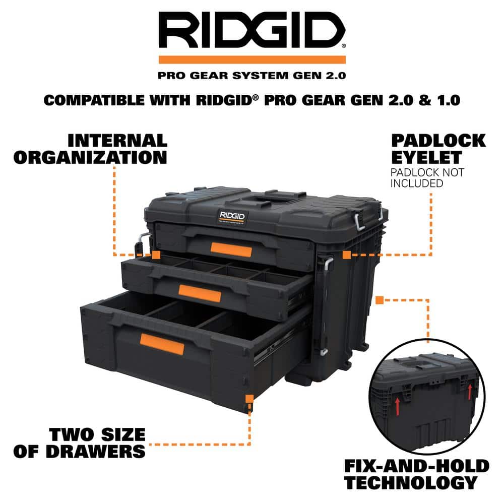RIDGID Black Resin XL 3 Drawer Tool Box 14.6 in.