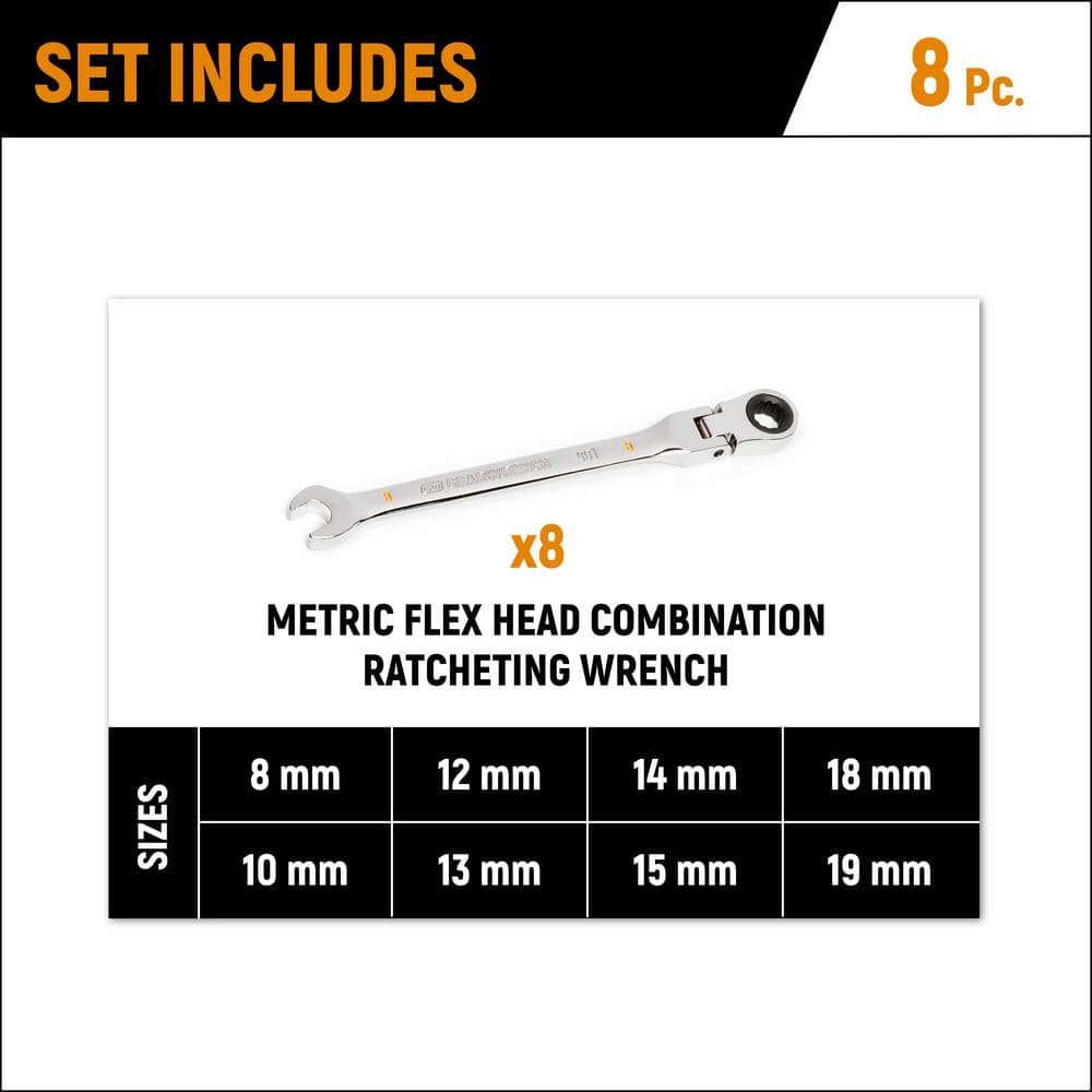 8pc 90T Flex Head Ratcheting Wrench Set