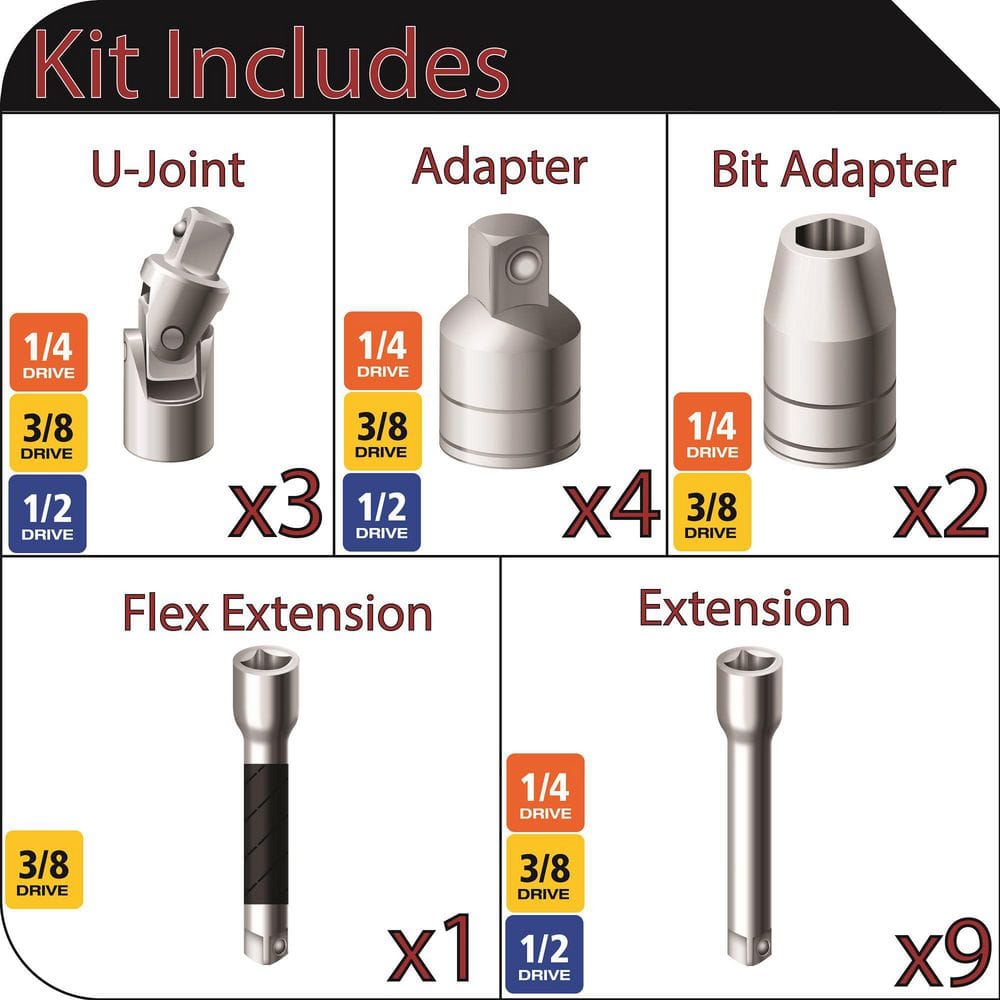 1/4, 3/8, 1/2 Drive Accessory Set (19-Pc)
