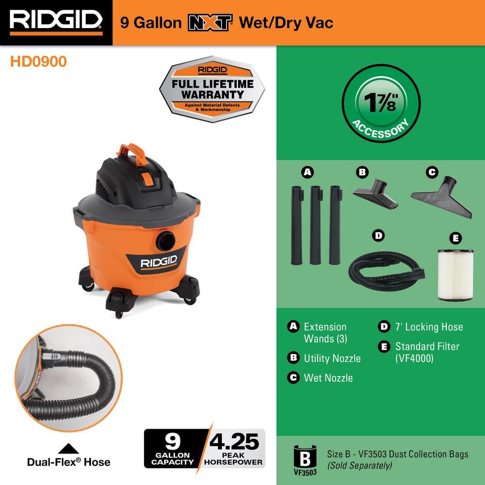 RIDGID 9 Gal Wet Dry Vac with Accessories