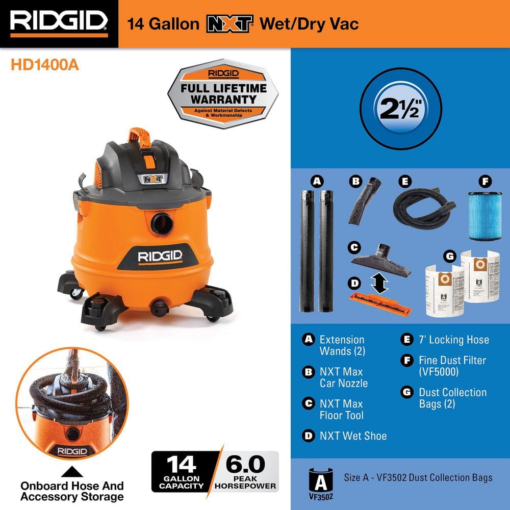14 Gal 6.0 HP NXT Vacuum w/ Dust Filter & Bags