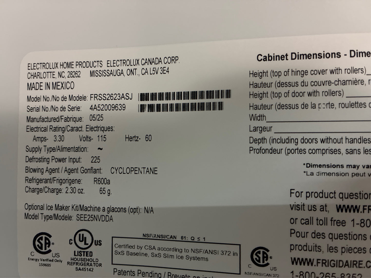 Frigidaire 36 in. Side by Side, 25.6., cu ft, SS Refrigerator