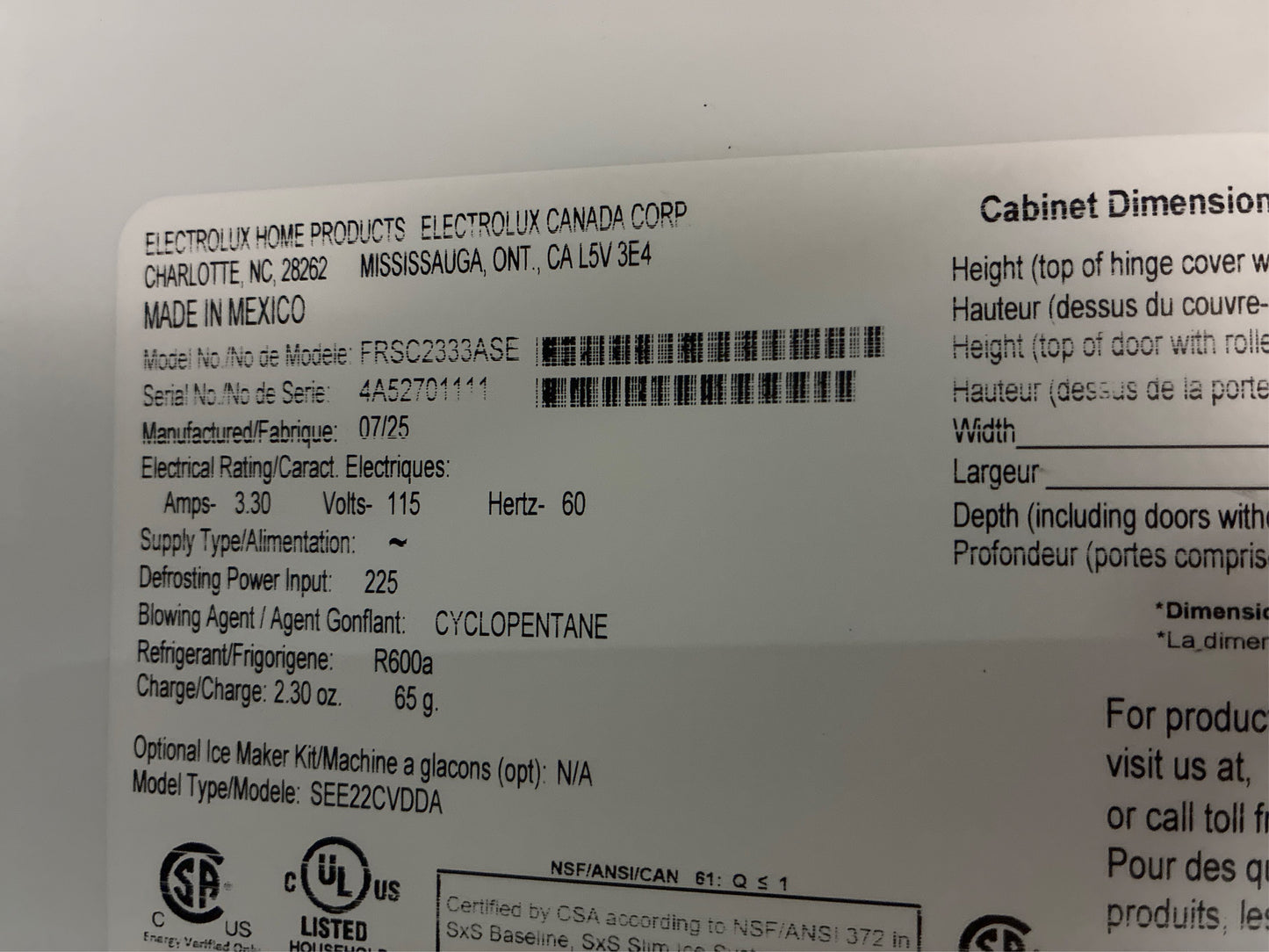 Frigidaire 36.1 in 22.3 cu ft Counter Depth Refrigerator