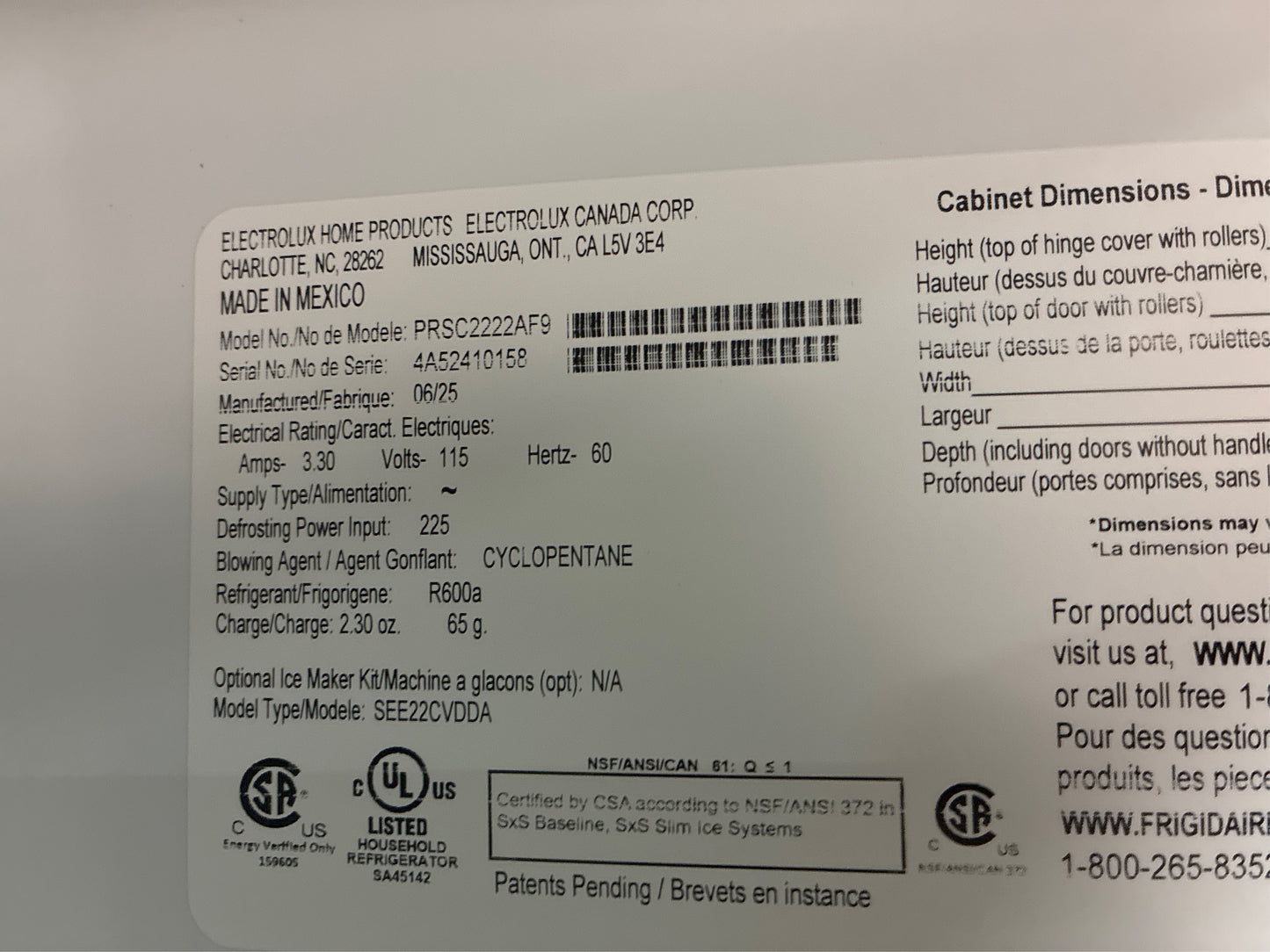 Frigidaire 36 in 22.3 cu ft Side-by-Side Refrigerator