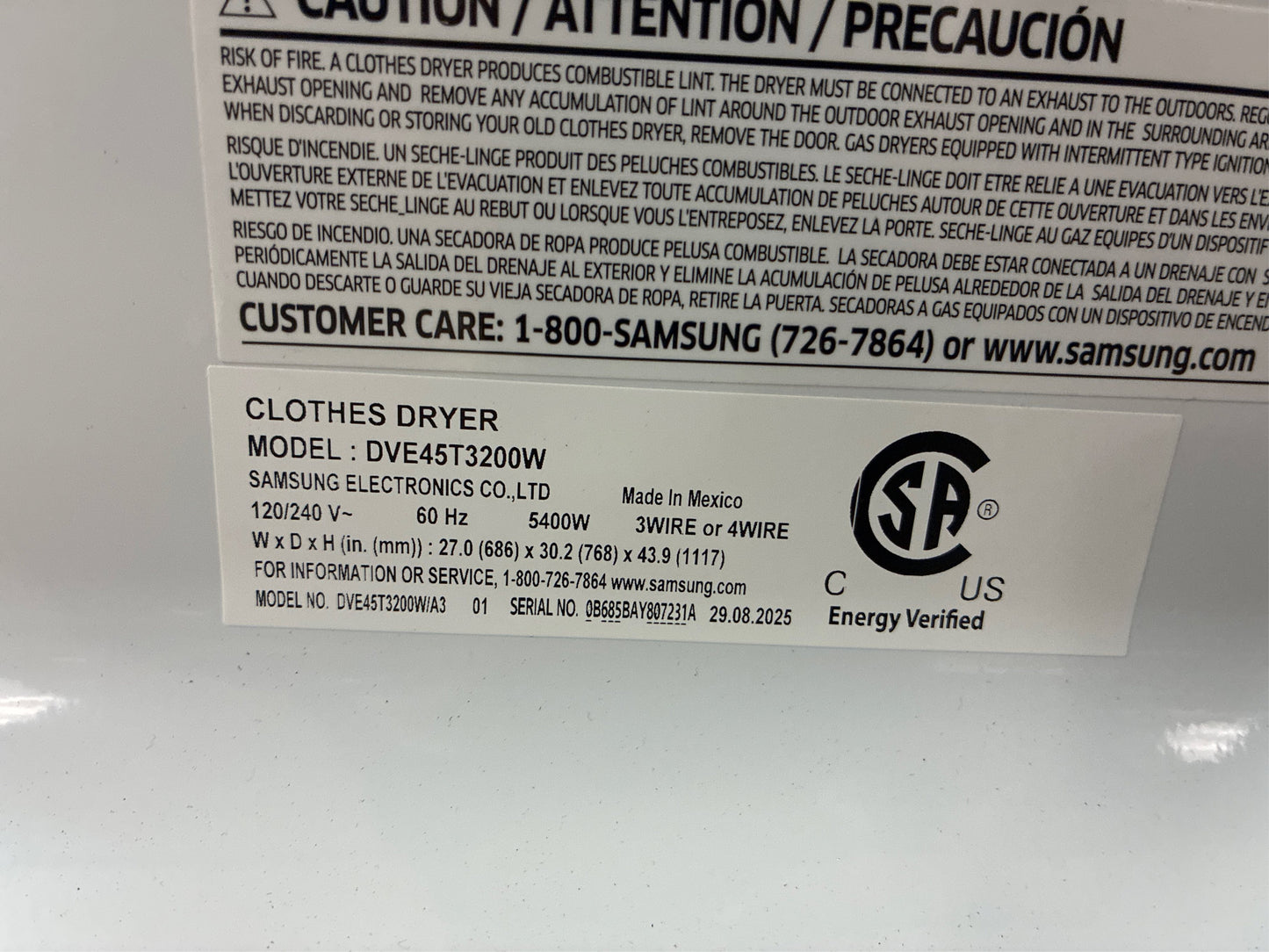 Samsung 7.2 cu.ft-Vented Electric Dryer White
