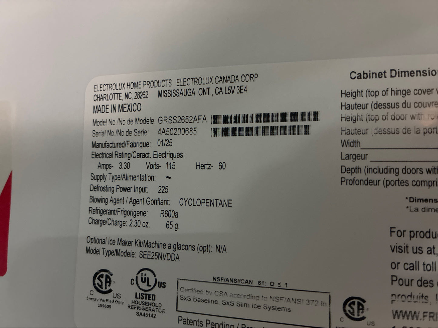 Frigidaire 25.6 Cu. Ft. Side by Side Refrigerator