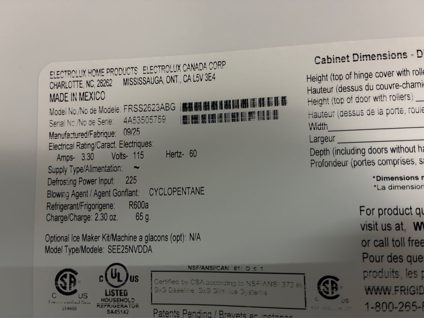 Frigidaire 36 in. Side-by-Side Refrigerator, 25.6 cu ft