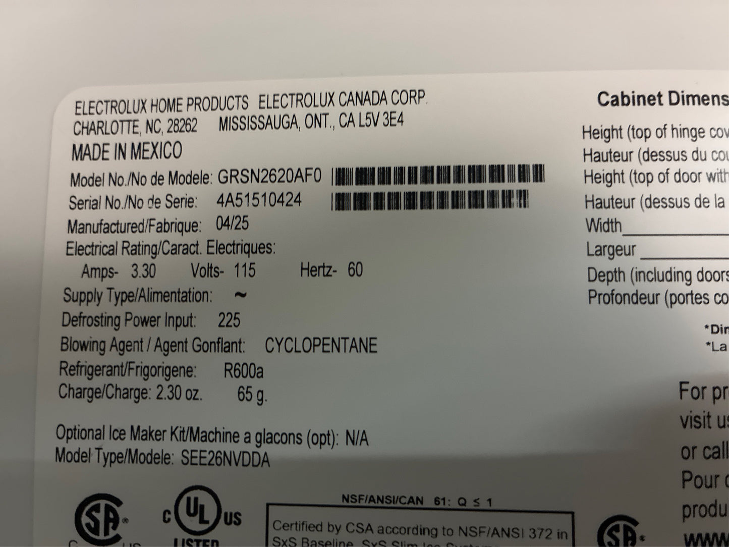 Frigidaire Gallery 36" 26 cu.ft. Side-by-Side Refrigerator