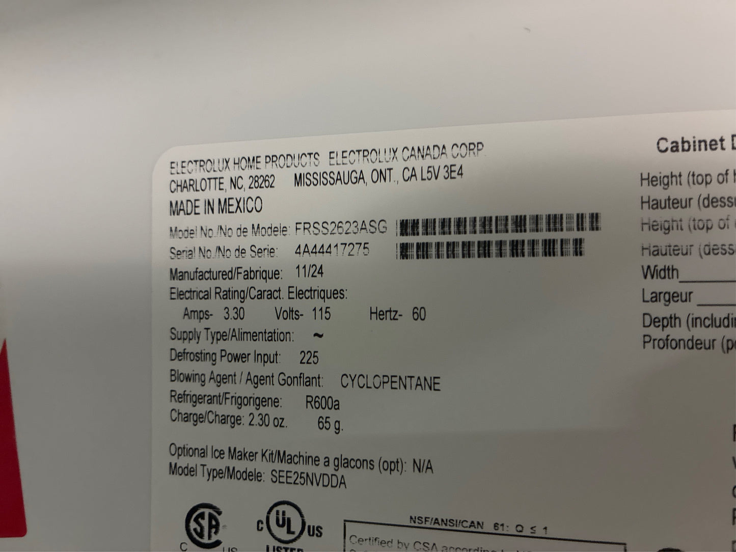 Frigidaire 36 in. 25.6 cu. ft. Side by Side Refrigerator