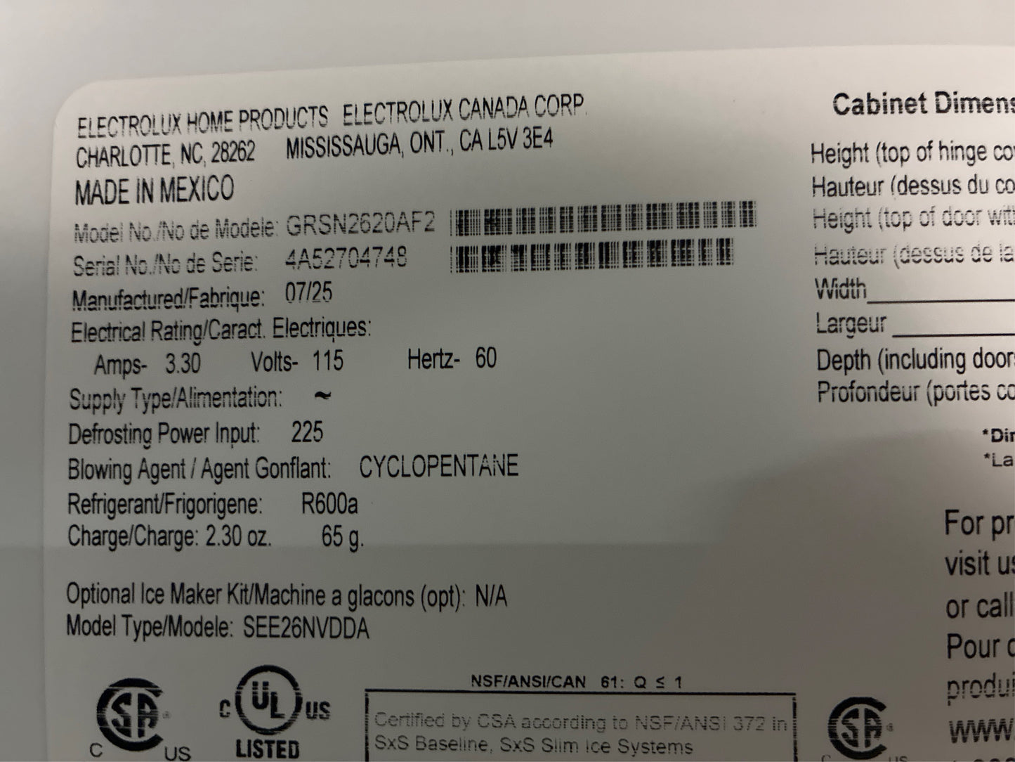 Frigidaire Gallery 36 in. Side-by-Side Refrigerator