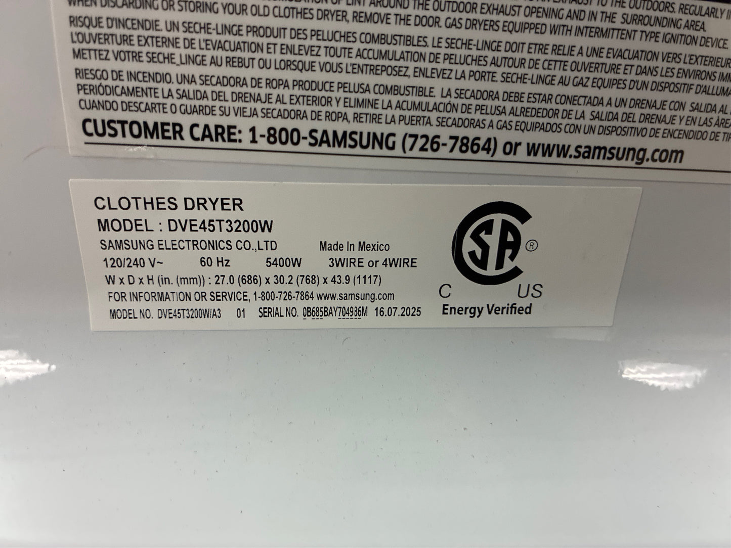 Samsung 7.2 cuft Vented Electric Dryer - White