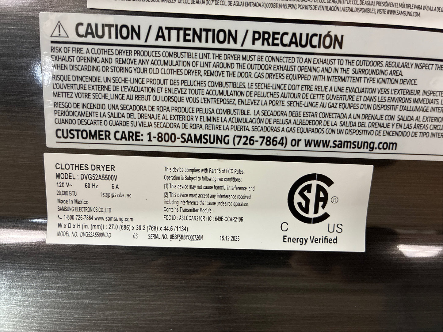 Samsung Brushed Black 7.4 cu ft - Gas Dryer with Steam+