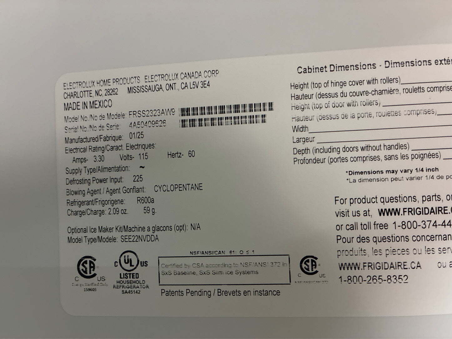 Frigidaire 22.3 cu. ft. 33 in. Side by Side Refrigerator