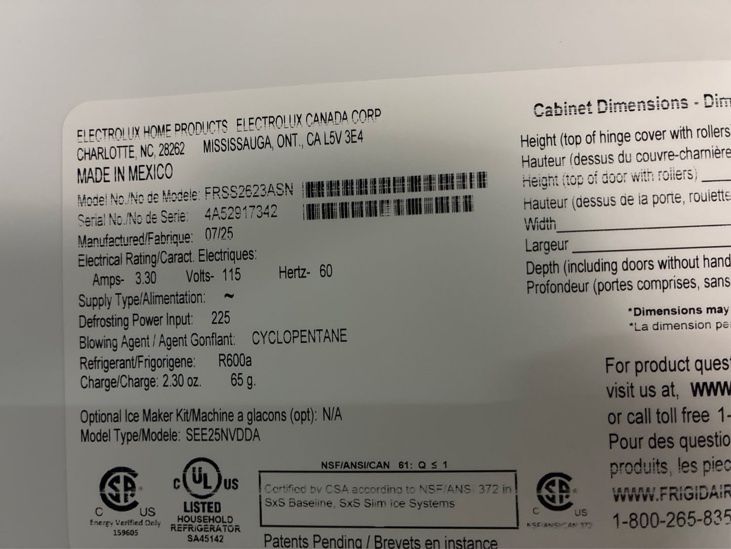 Frigidaire 36in 25.6cuft Side by Side Refrigerator SS