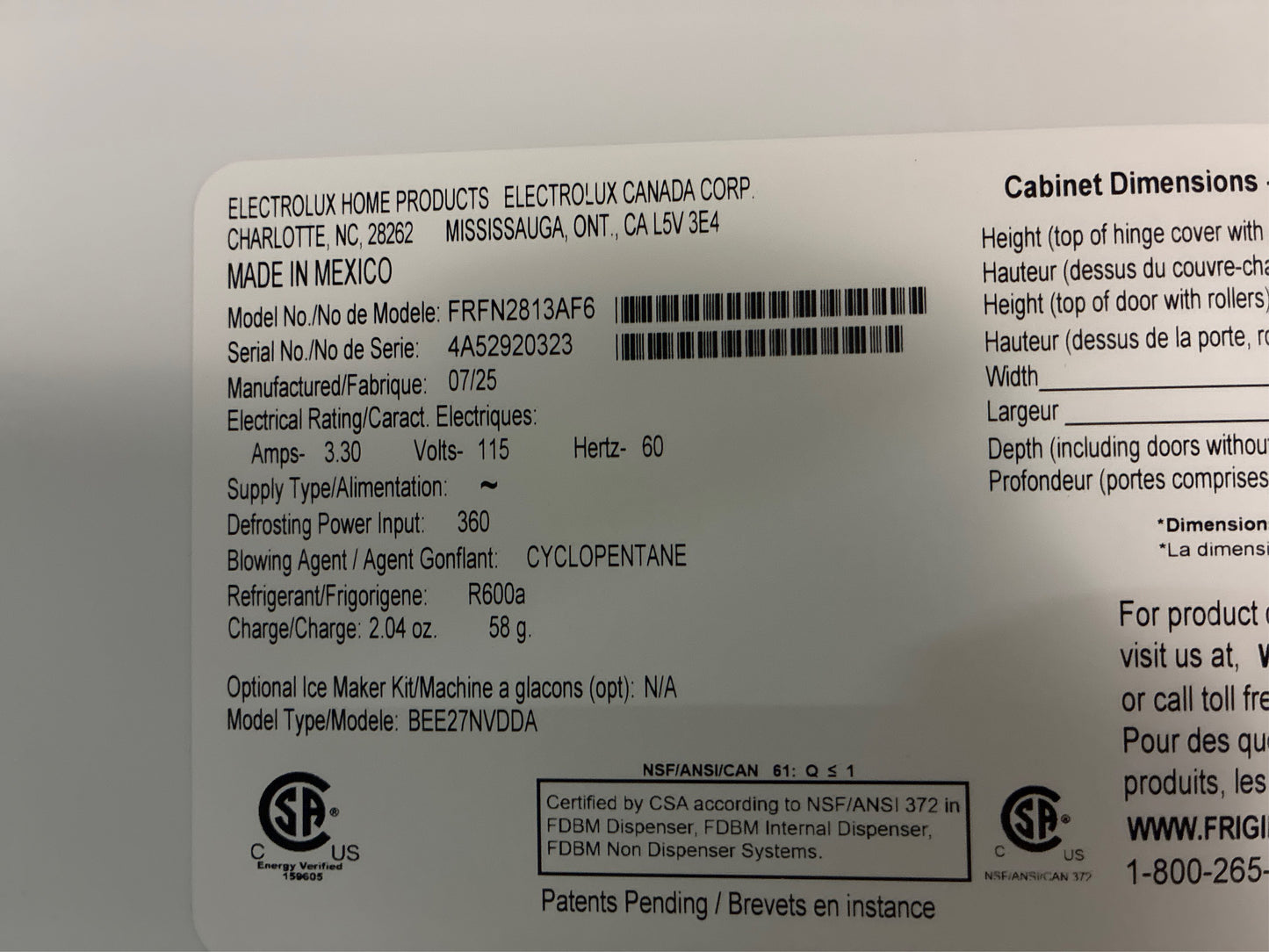 Frigidaire 36in 28.8cu.ft French Door Refrigerator