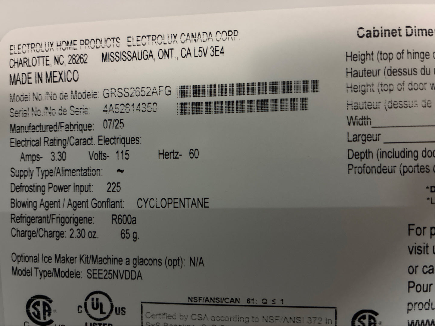 Frigidaire Gallery 25.6 Cu. Ft. 36" Refrigerator