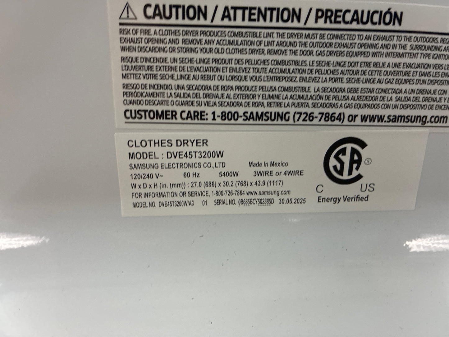 Samsung 7.2 cuft Vented Electric Dryer White