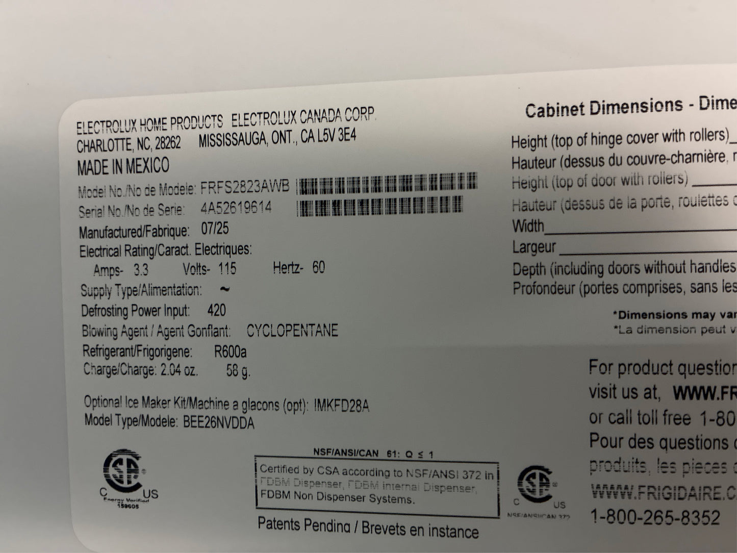 Frigidaire 27.8 cu ft French Door Refrigerator in White