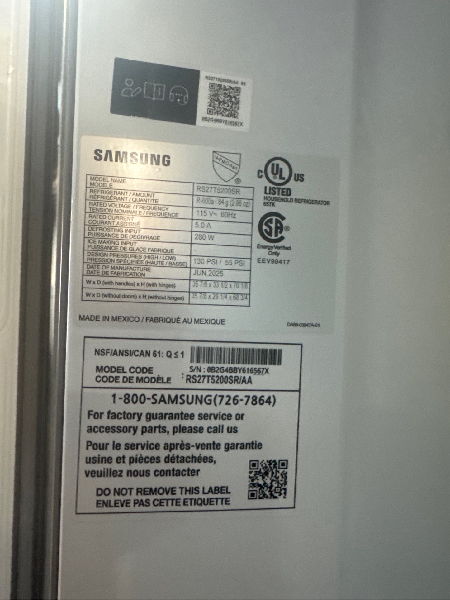Samsung 36 Side-by-Side Refrigerator, 27.4 cu.ft., SS