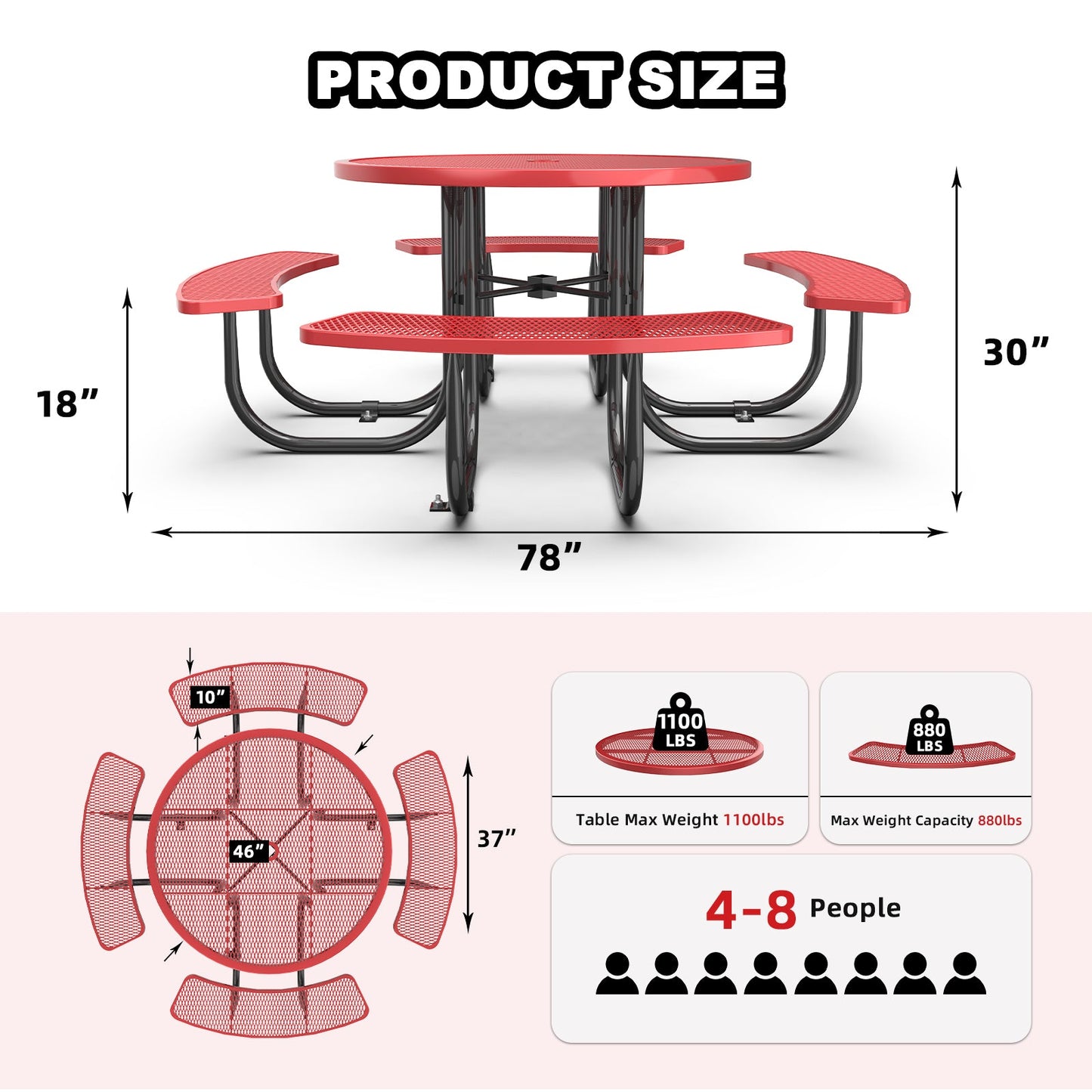 46" Round Picnic Tables With Umbrella Hole