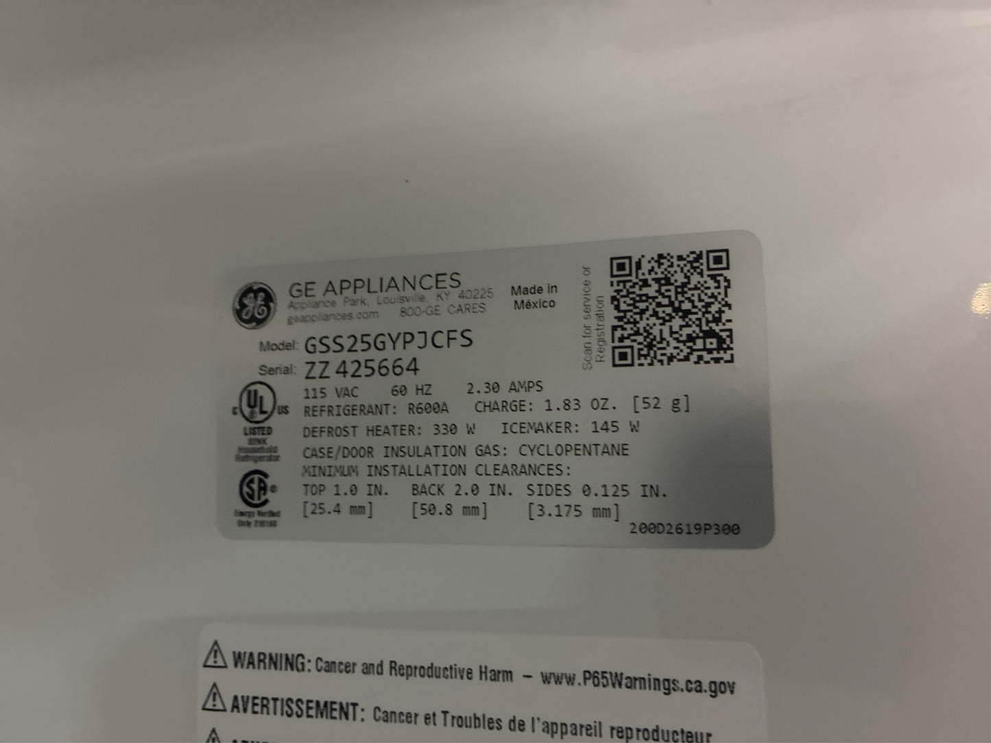 GE 25.3 cu. ft. Side by Side Refrigerator