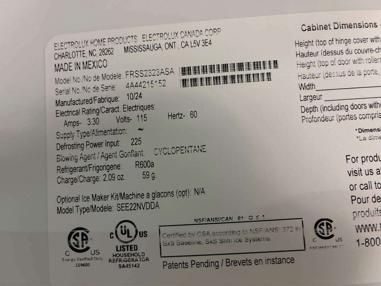 Frigidaire 33 in. 22.3 cu. ft. Side by Side Fridge