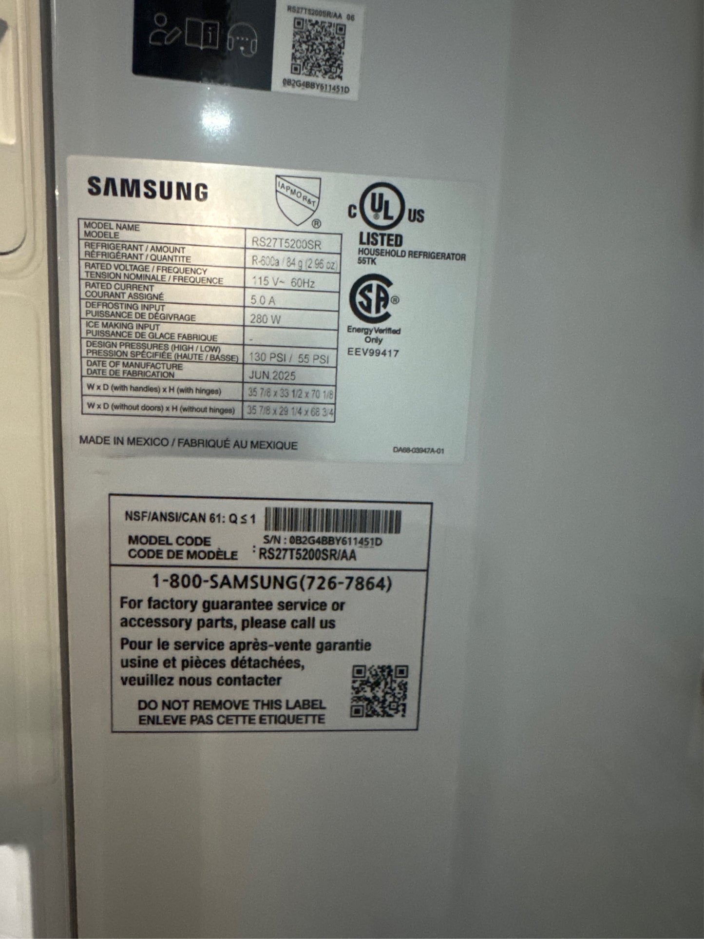 Samsung 36" Side-by-Side Refrigerator, 27.4 cu ft, SS