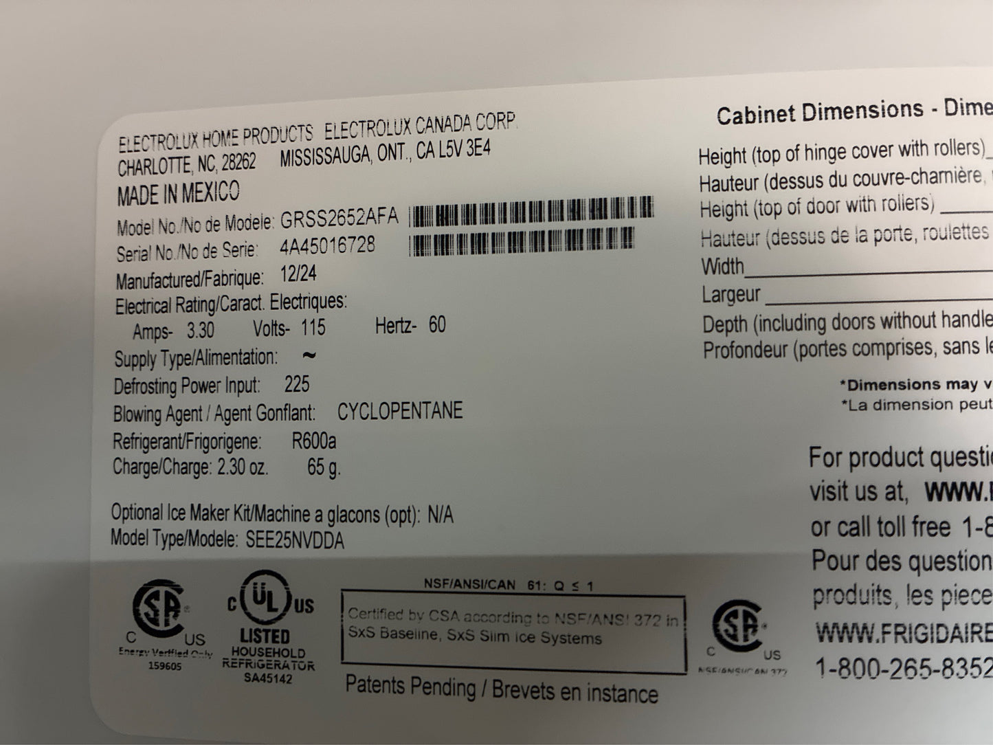 Frigidaire Gallery 25.6 Cu. Ft S/S Refrigerator