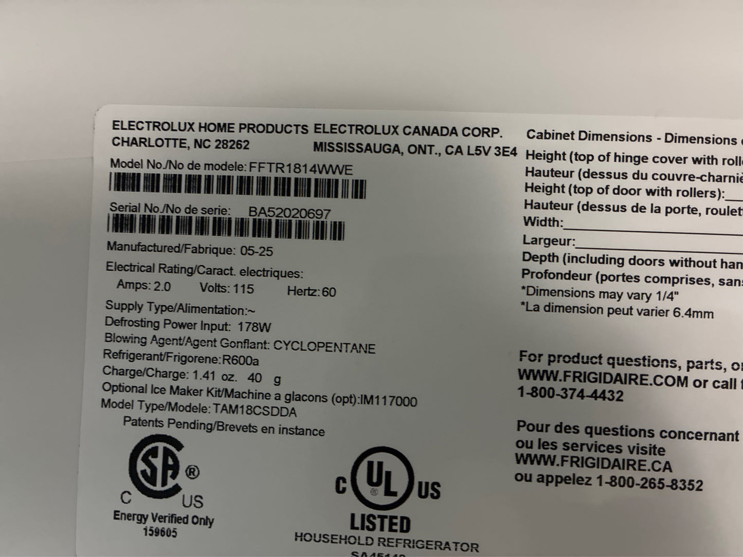 Frigidaire 18.2 cu.ft Top Freezer Refrigerator in White