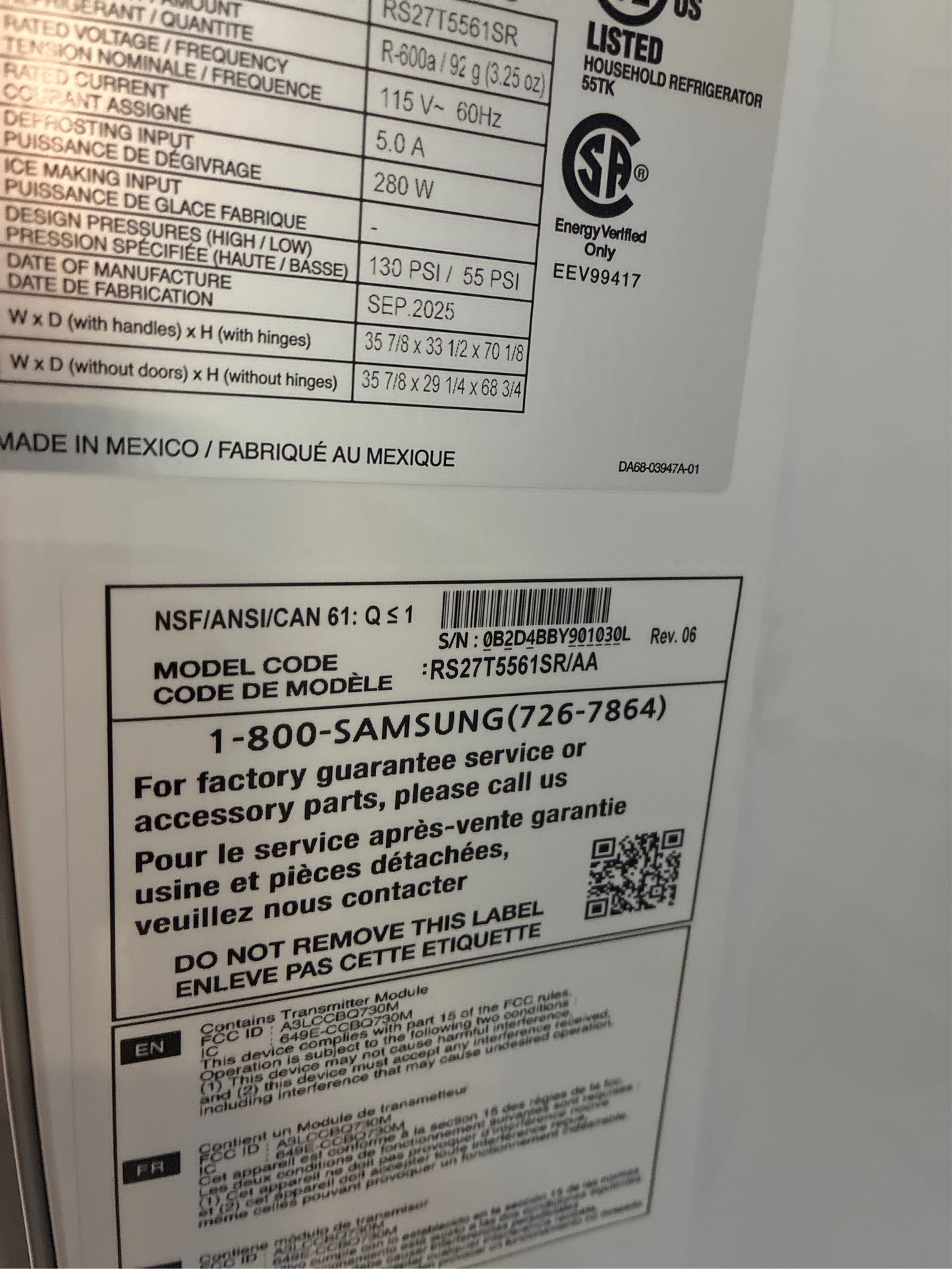 Samsung 36 in. 26.7 cuft Smart SS Refrigerator - DO NOT LIST