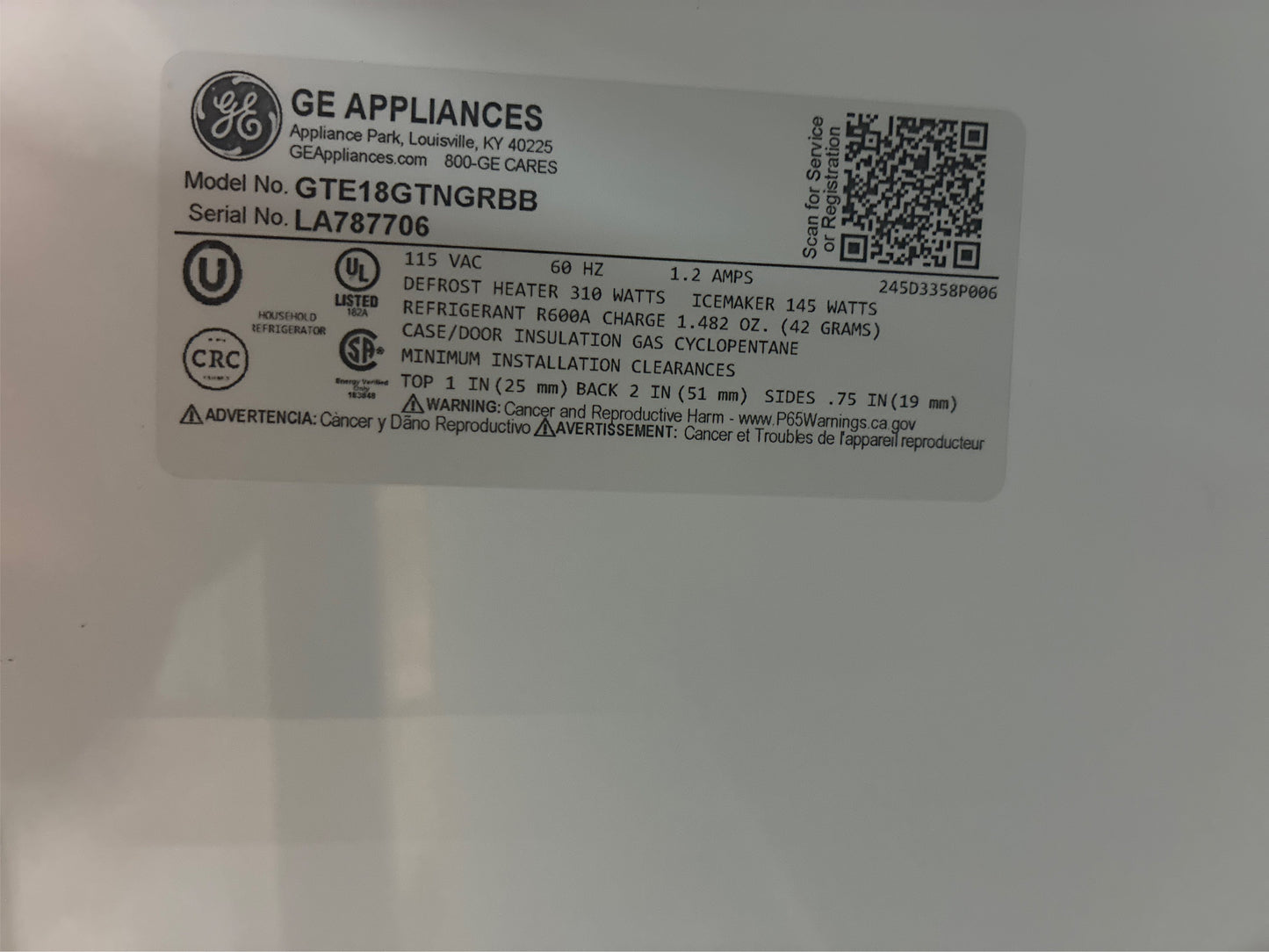 GE Refrigerator GTE18GTNGRBB