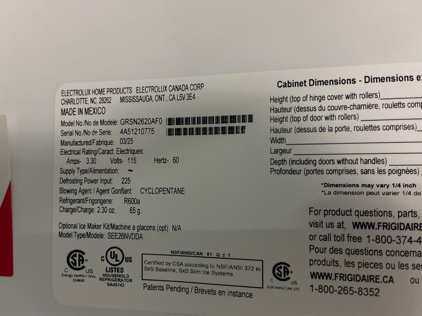 Frigidaire 36" 26 cu. ft. Side-by-Side Refrigerator