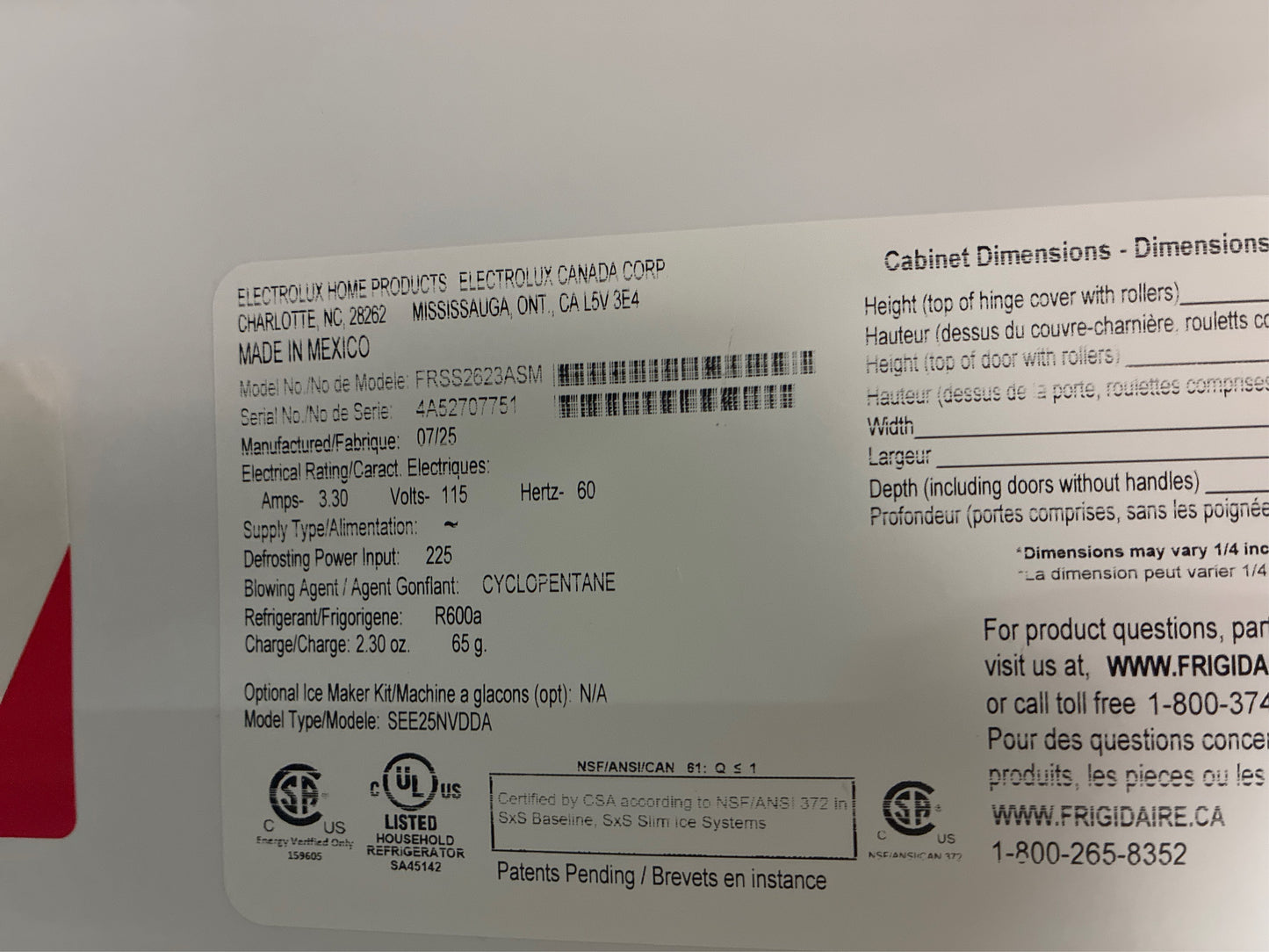 Frigidaire 36 in. 25.6 cu. ft. Side by Side Fridge