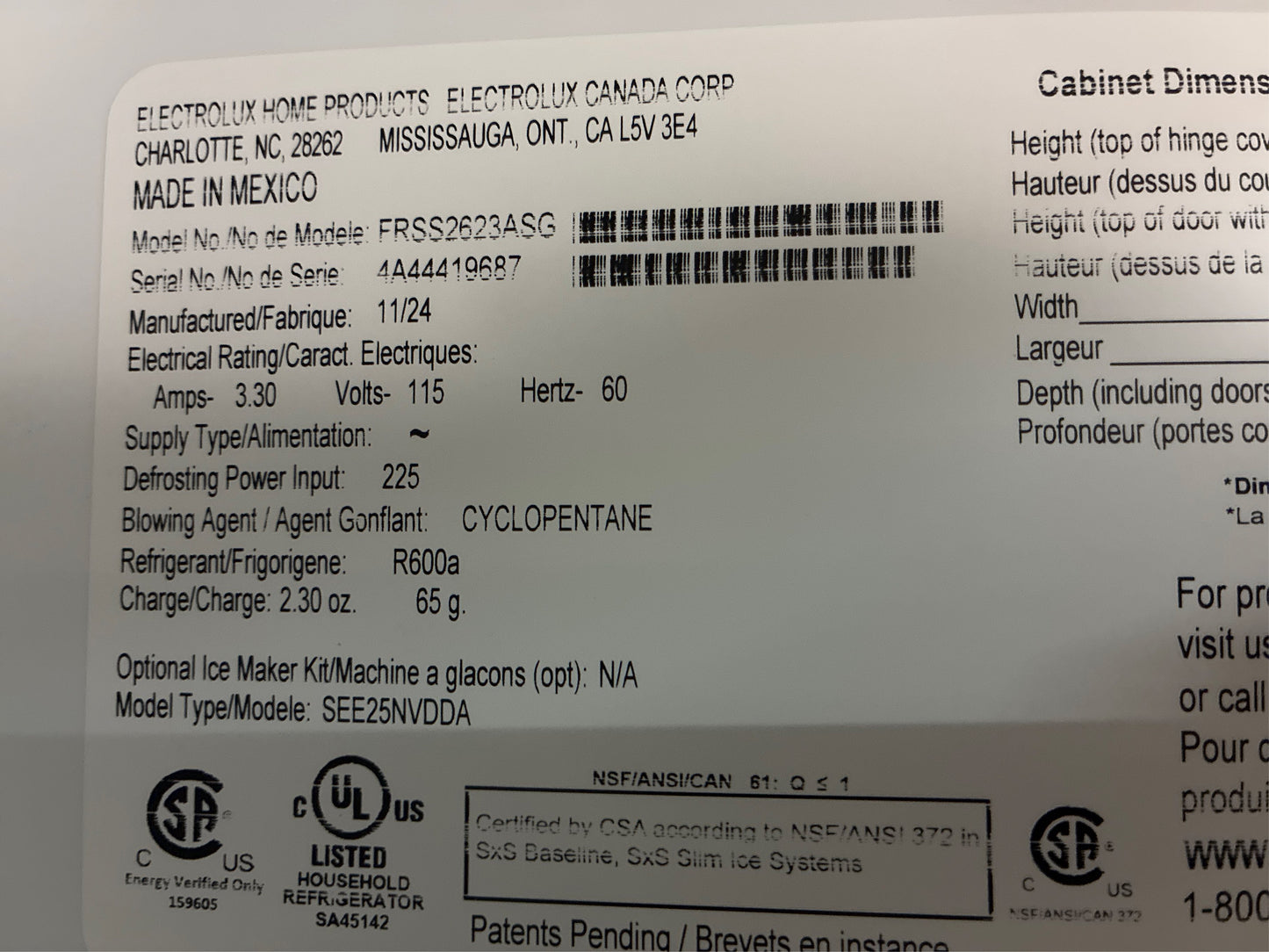 Frigidaire 36 in. Side-by-Side, 25.6 cu ft, SS Refrigerator