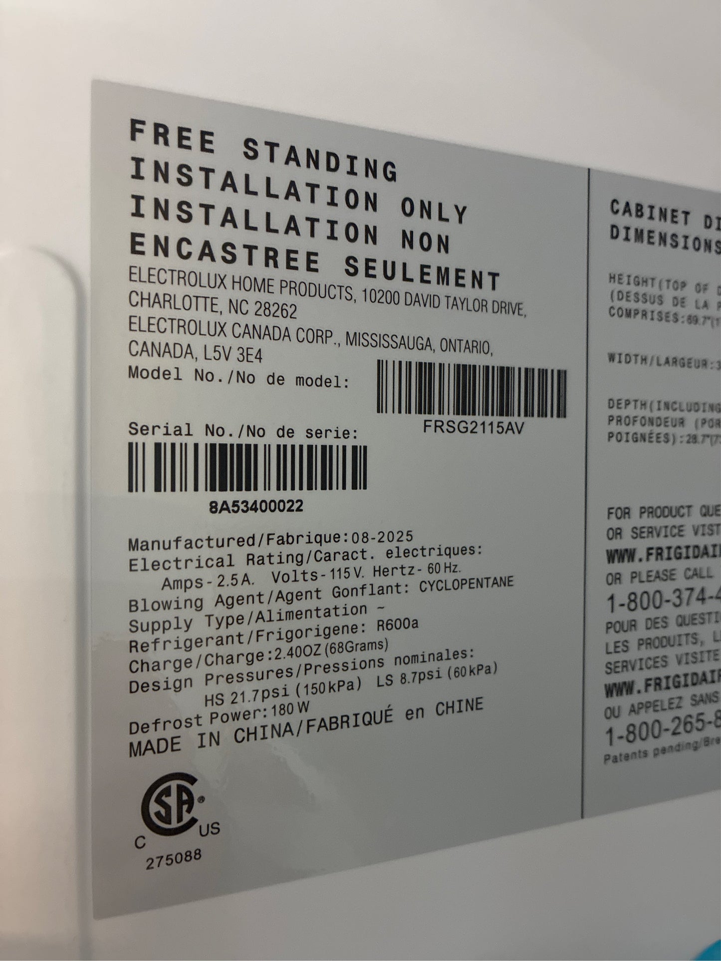 Frigidaire 21.4 cu. ft. Side-By-Side Refrigerator