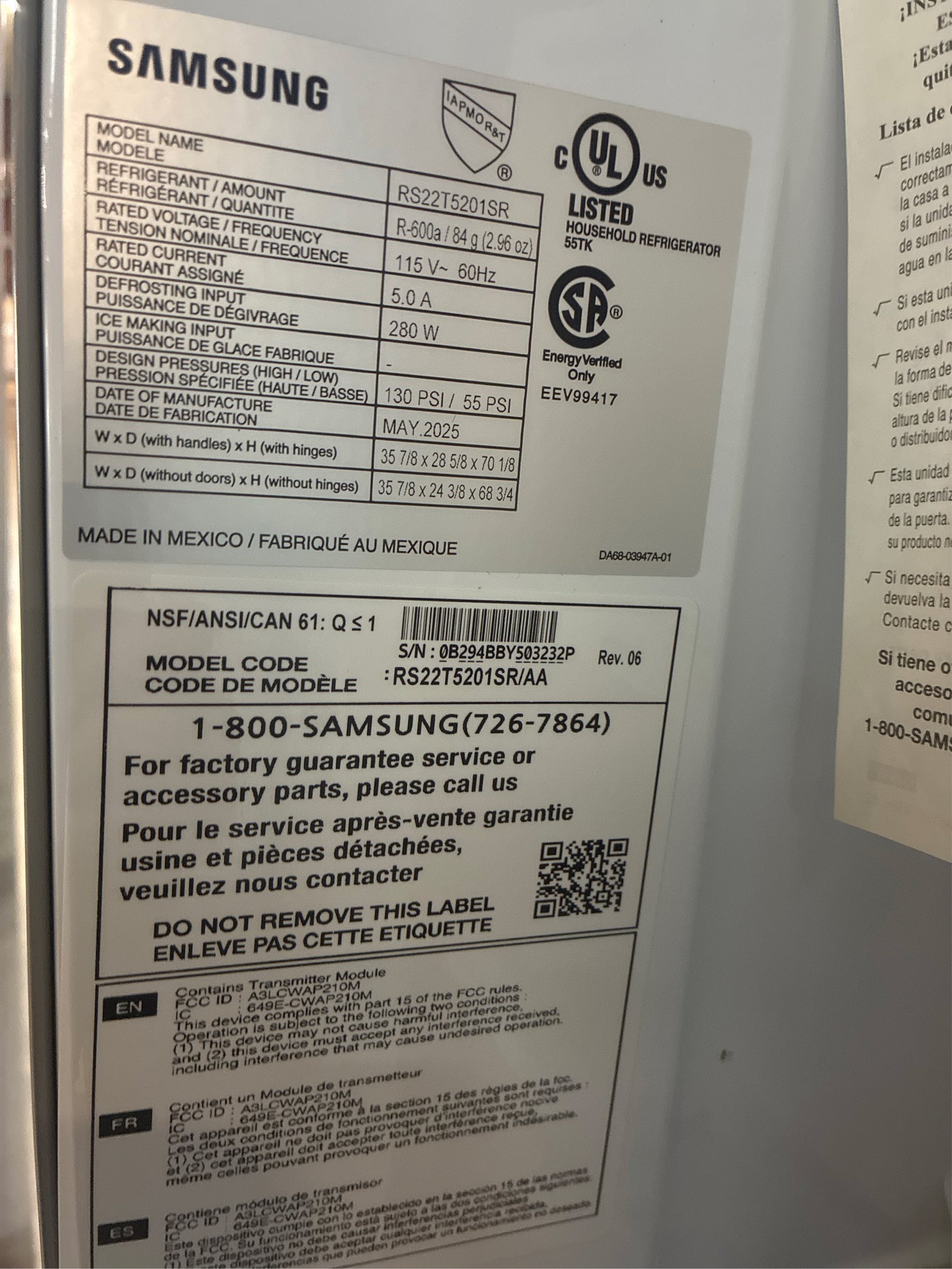 Samsung 36 in. 22 cu. ft. Smart Side by Side Refrigerator